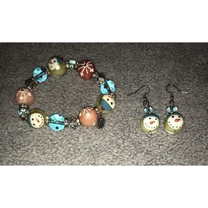 NEW Kate & Macy Hand Painted‎ Glass Christmas Bracelet & Earrings Snowy Friends